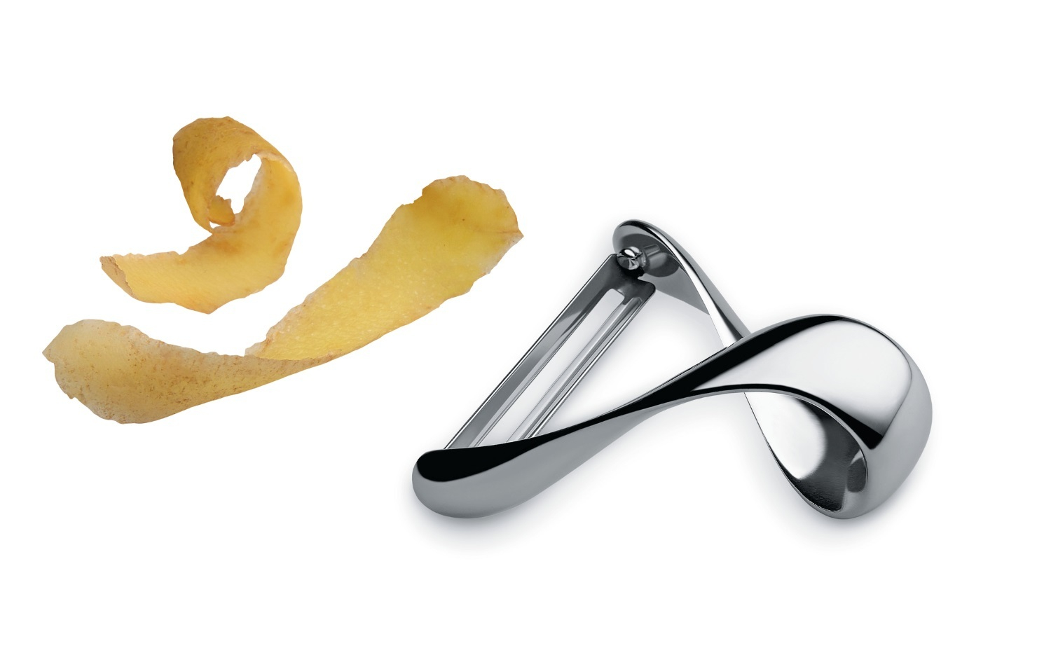 Alessi Sfrido Kartoffelschäler VS02 aus Edelstahl mit Kartoffelschalen, Küchenhelfer zum einfachen und schnellen Schälen.