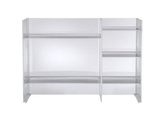 Klares Kartell Regalsystem, modulares Sound-Rack mit Fächern und Ablageflächen, modernes Design.