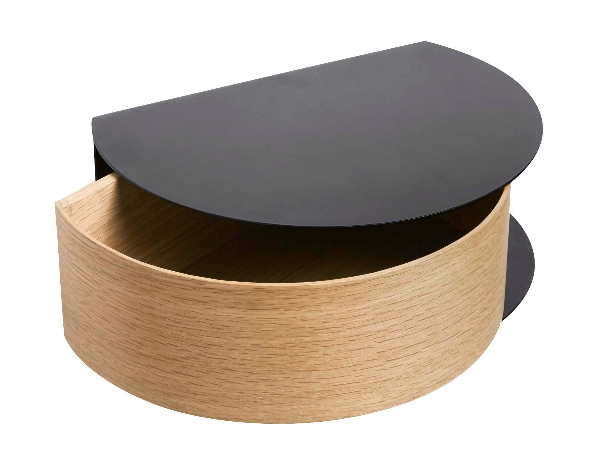 Wallie Wandschublade von Woud aus Eiche mit schwarzer Metallablage, modernes Wandregal.