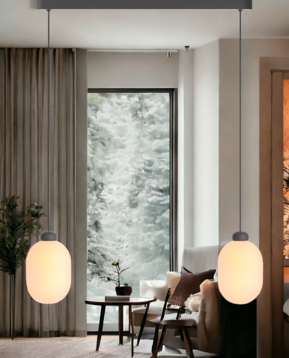 Sun Duo Pendelleuchte in Grau: Moderne Hängelampe mit zwei Leuchten im Wohnzimmer.