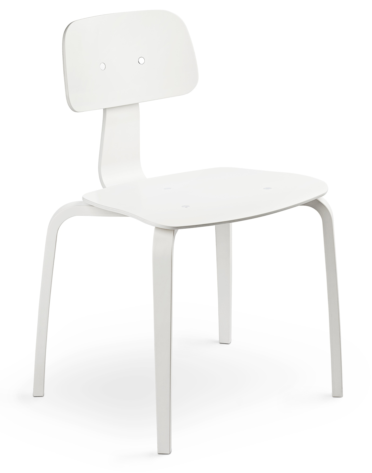 Weißer Kevi Stuhl mit Rückenlehne und vier Beinen, modernes Design für Büro und Wohnraum.