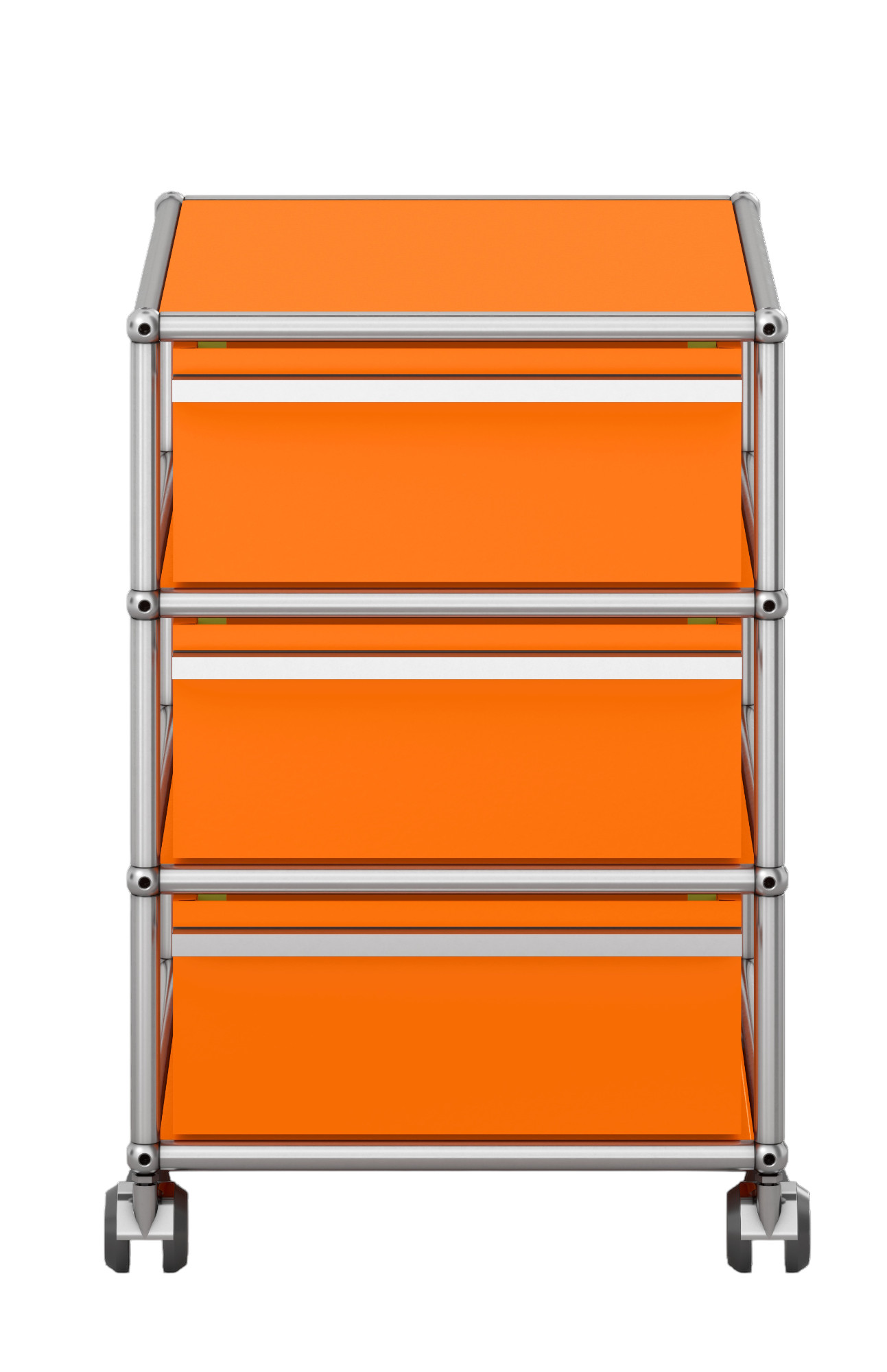 USM Haller Rollcontainer in Reinorange mit drei Schubladen und verchromtem Gestell für Büro und Arbeitszimmer.