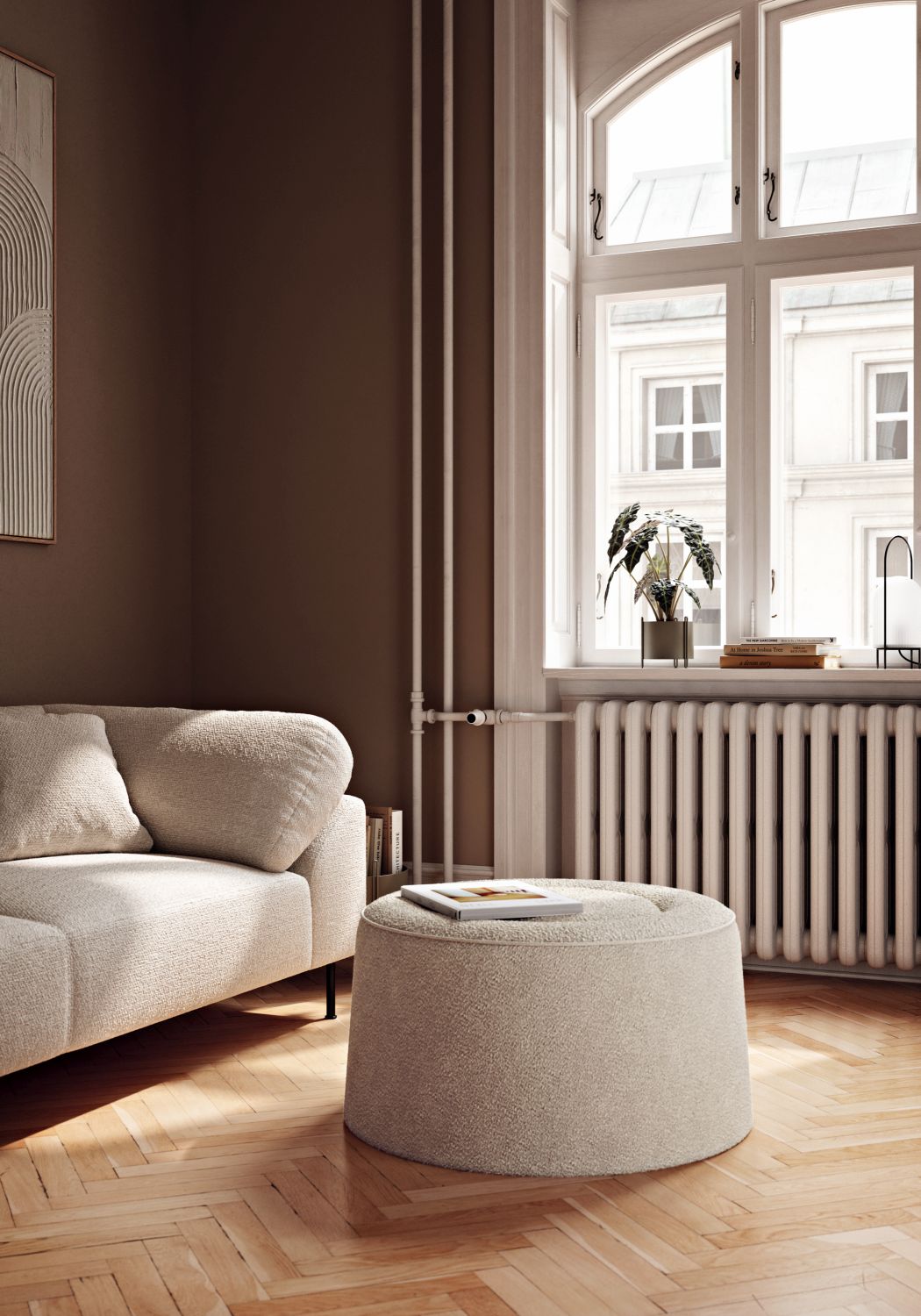 Beiger Praline Hocker von Woud, Ø78cm, als Sitzhocker oder Fußhocker im Wohnzimmer.