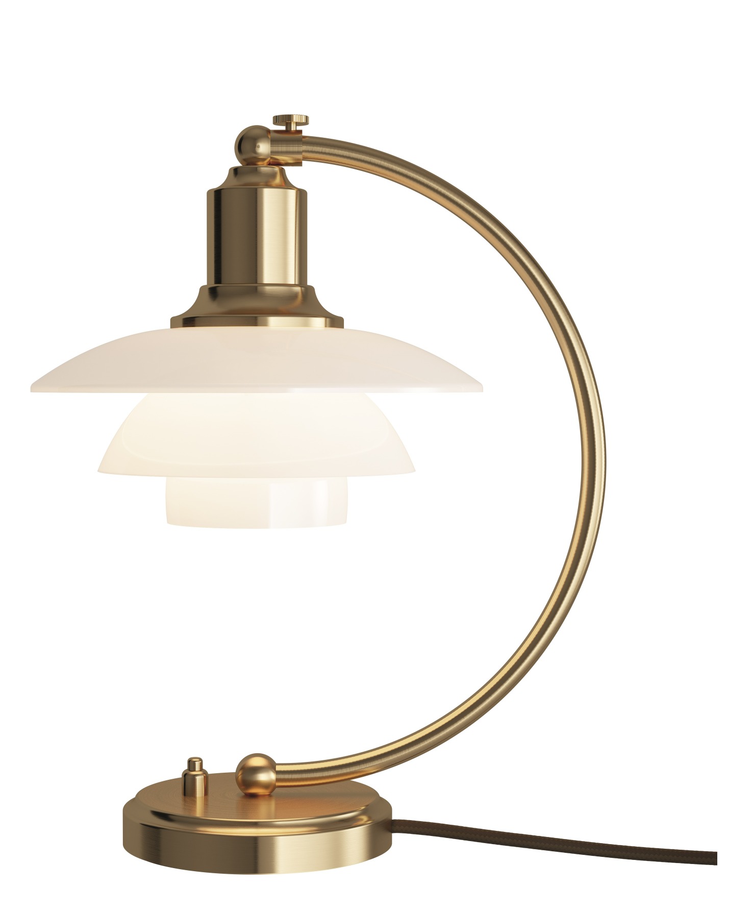 PH 2/2 Tischleuchte von Louis Poulsen: Messinggestell mit dreischirmigem Opalglas für blendfreies Licht.