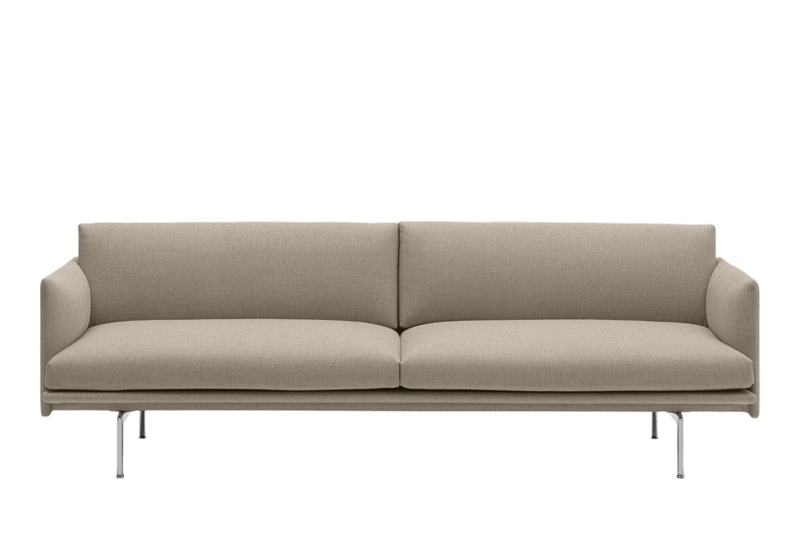 Beiges Muuto Outline Sofa mit minimalistischem Design und Chromfüßen, ideal für moderne Wohnräume.