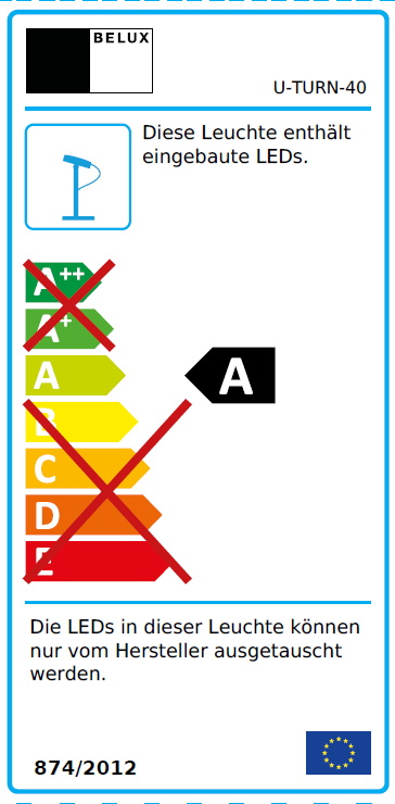 Energielabel der Belux U-Turn Tischleuchte mit Energieeffizienzklasse A und LED Hinweis.