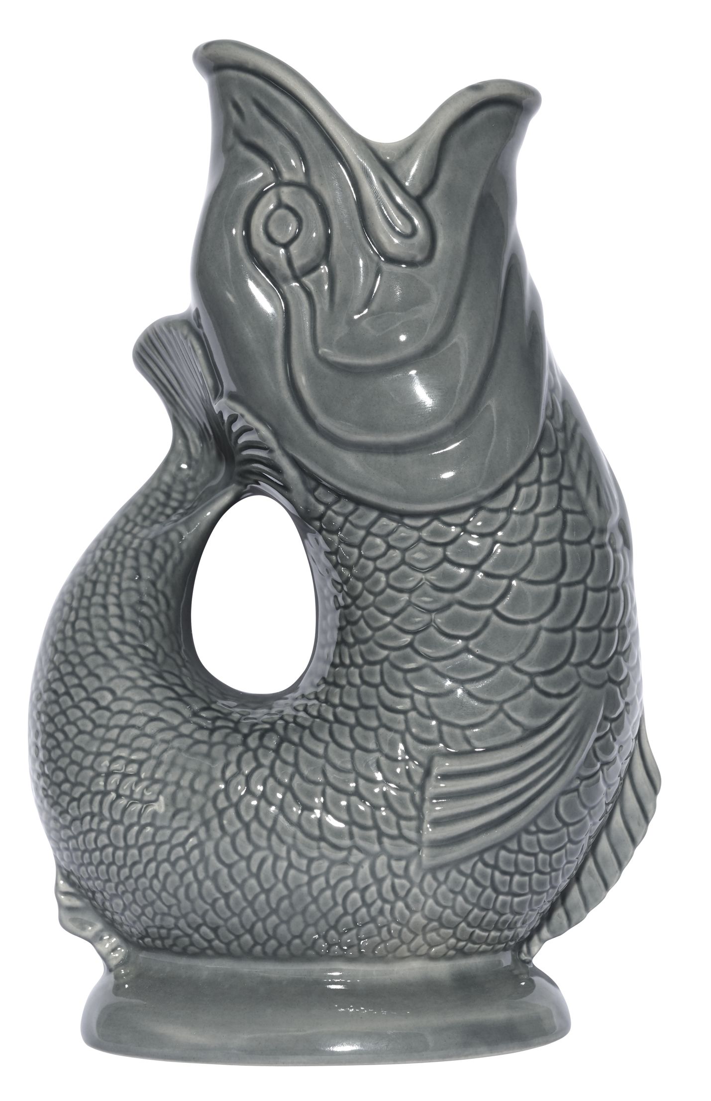 Dunkelgraue Gluckigluck Karaffe in Fischform, XL Größe, Keramik Vase für Wasser oder Blumen.
