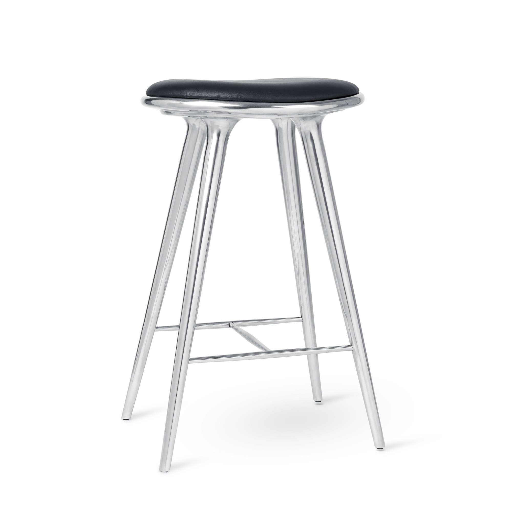 Moderner Barhocker aus Aluminium mit schwarzem Sitzpolster. Mater Stool Hocker für Küche und Bar.