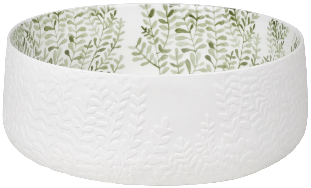 Weiße Schüssel mit Ranken-Muster innen und außen. Dekorative Schale für Obst und Salate.