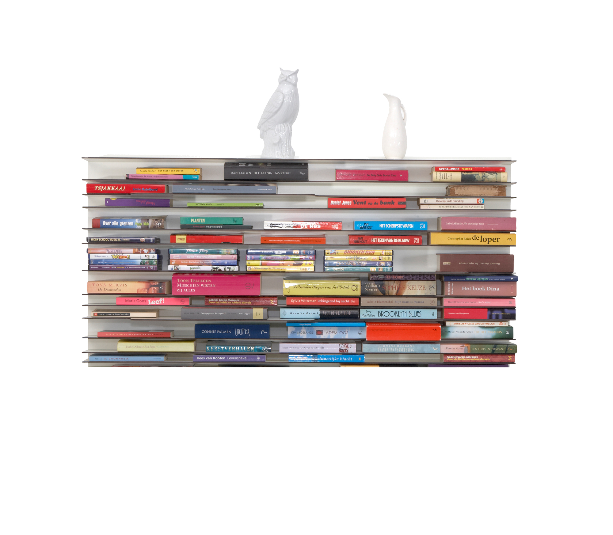 Weißes Bücherregal mit vielen Büchern. Das Regal ist ideal für Wohnzimmer und Büro.