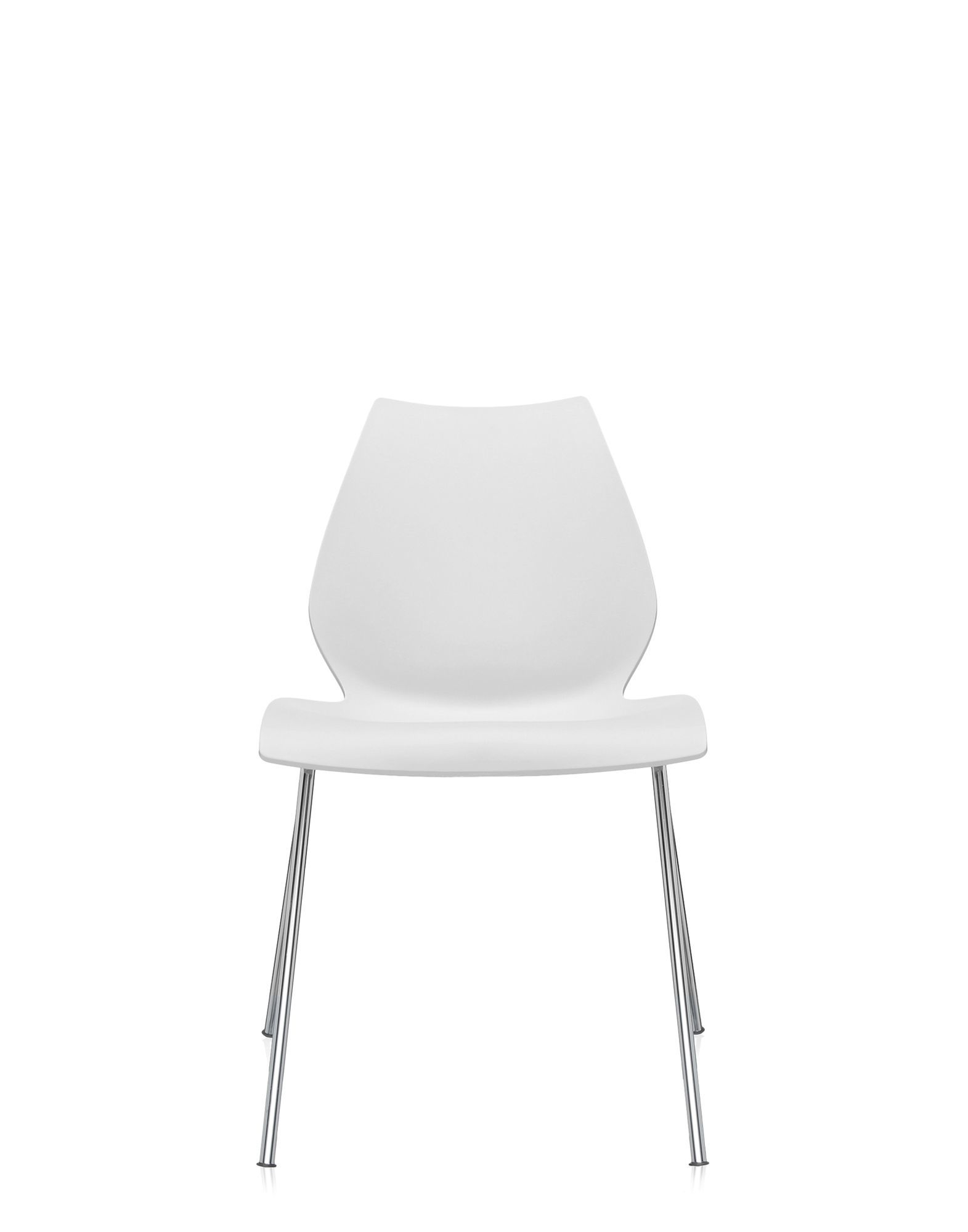 Weißer Kartell Maui Stuhl ohne Armlehne mit Chromgestell, Frontansicht. Design Bürostuhl.
