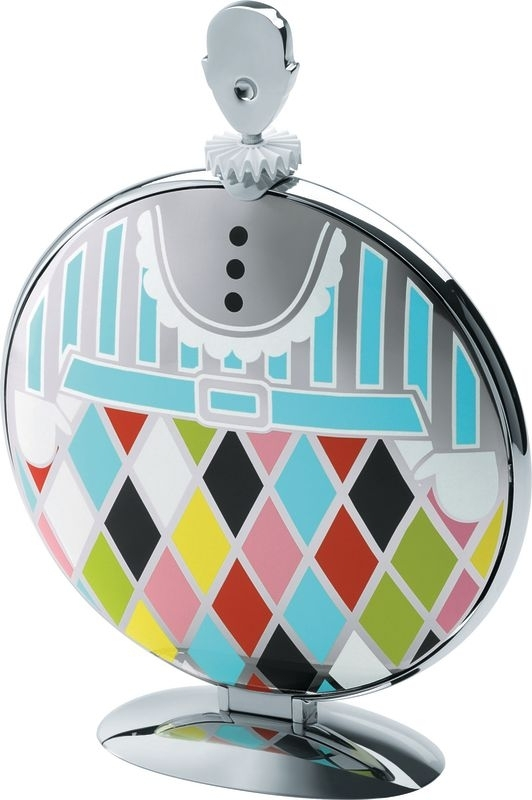 Alessi Fatman Etagere: Faltbare, runde Etagere mit Harlekin-Muster und Figur als Griff.