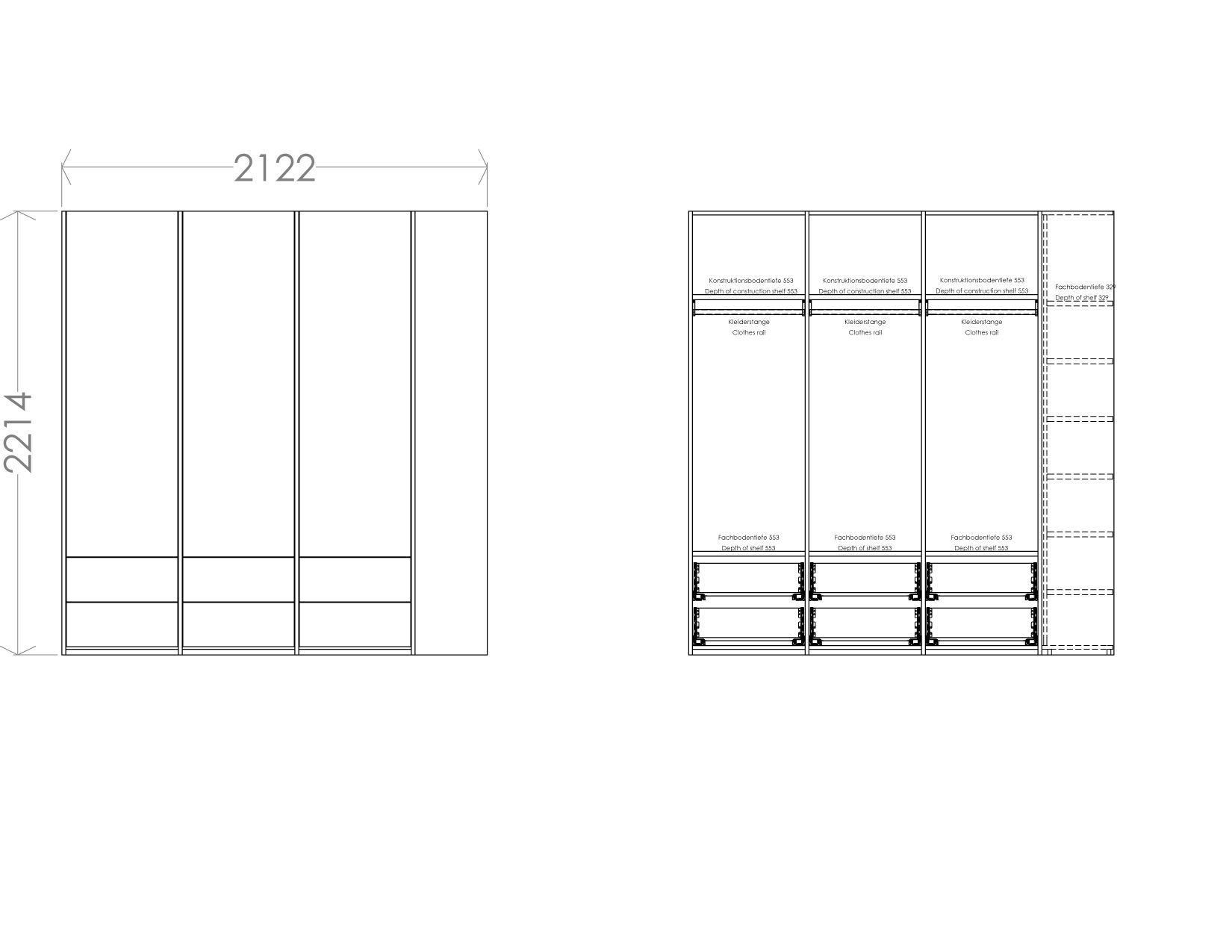 Technische Zeichnung: MODULAR PLUS Schrank Kombination von Müller Möbelwerkstätten mit Anbauregal rechts und Maßangaben.