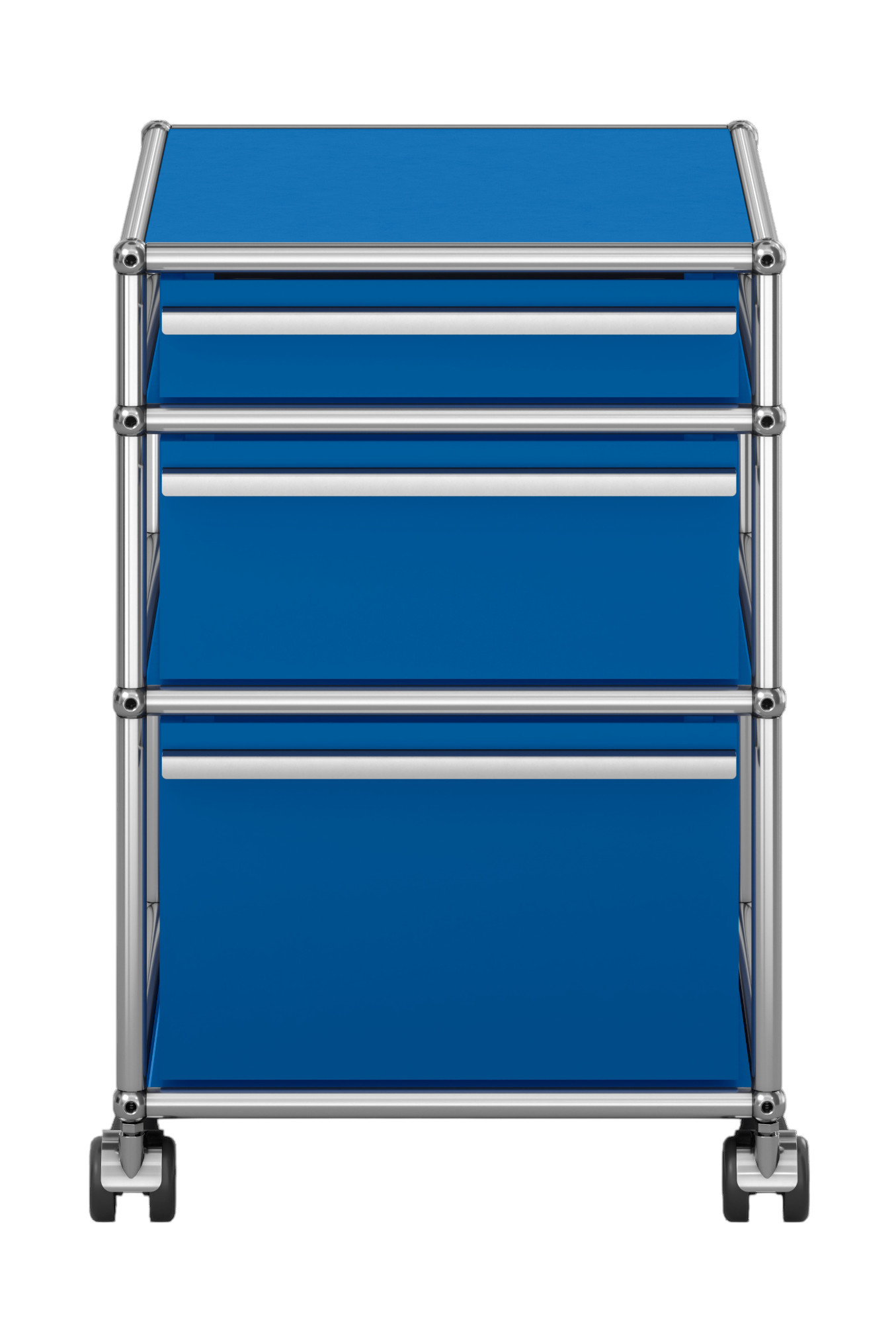 USM Haller Rollcontainer mit drei Schubladen in Enzianblau, modernes Design mit verchromtem Gestell und Rollen.