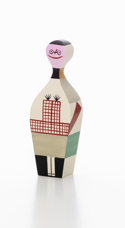 Holzfigur Vitra No 8: Dekorative Holzpuppe mit abstraktem Gesicht und geometrischen Mustern, handbemalte Sammlerfigur.