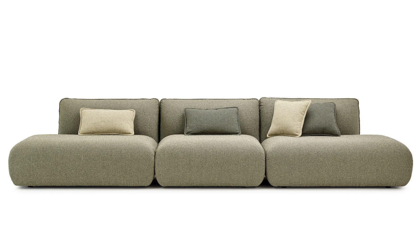 Mia Modular Sofa von Freifrau Manufaktur in Olivgrün mit Kissen, modernes Wohnzimmer Design.