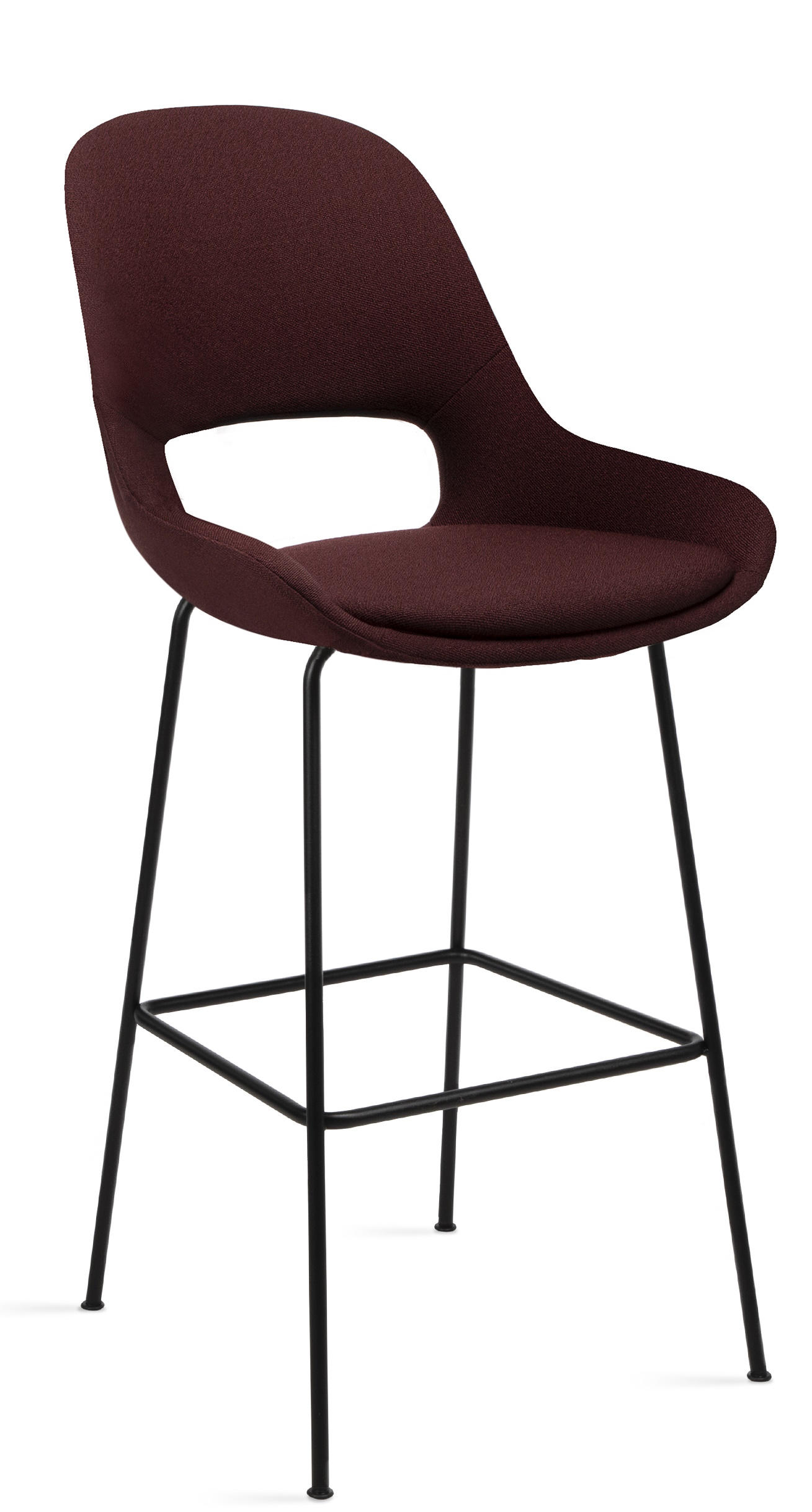 Theia Barstuhl von Freifrau Manufaktur: Moderner, burgunderroter Barhocker mit schwarzem Metallgestell und niedriger Sitzhöhe.