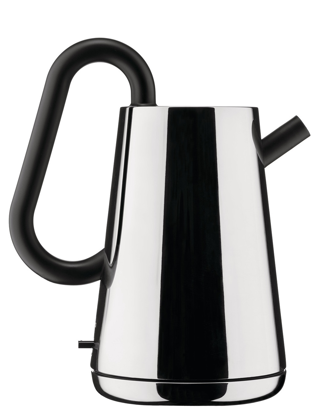 Alessi Toru NE01 B Wasserkocher: Edelstahl Wasserkocher mit schwarzem Griff und Ausguss.