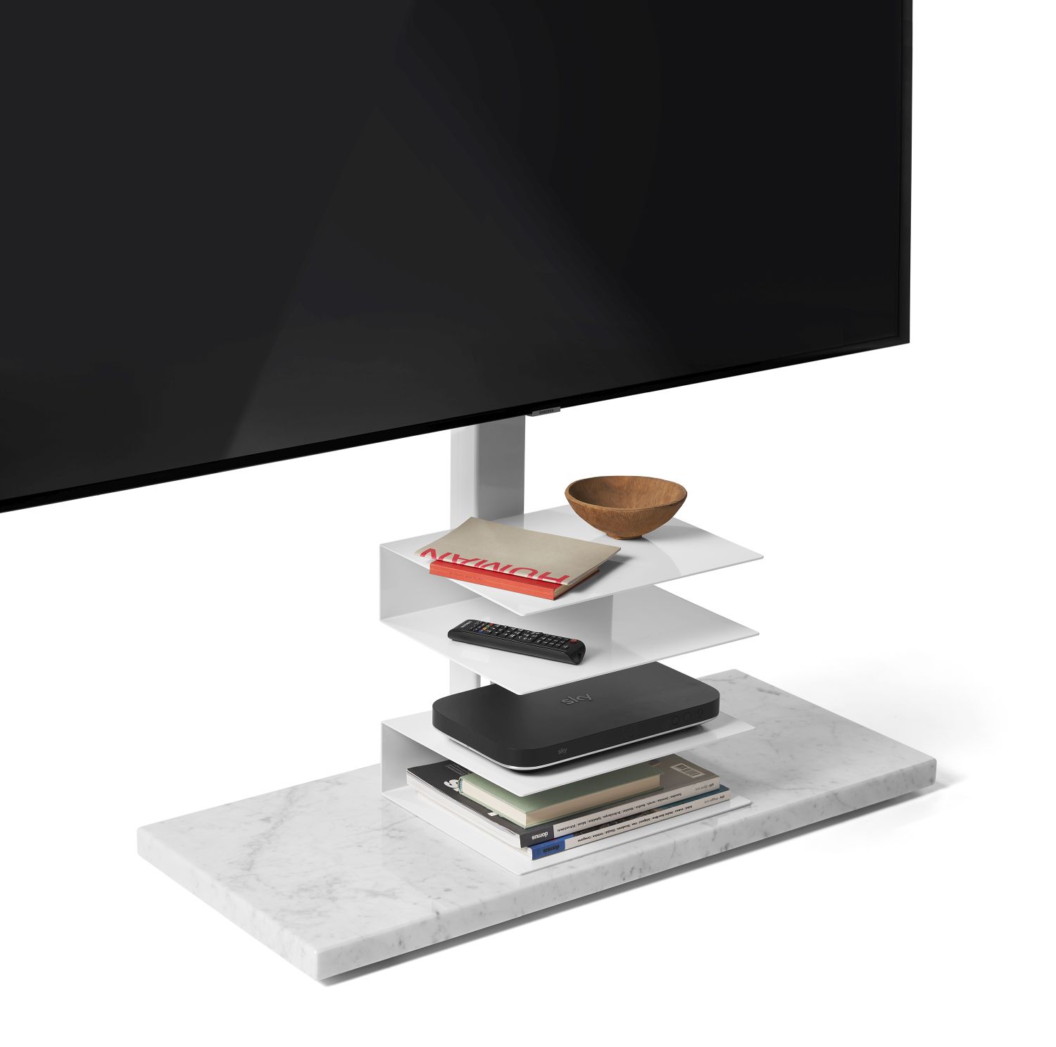 Ptolomeo TV-Ständer mit weißem Carrara Marmor, modernes Design für Fernseher und Zubehör.