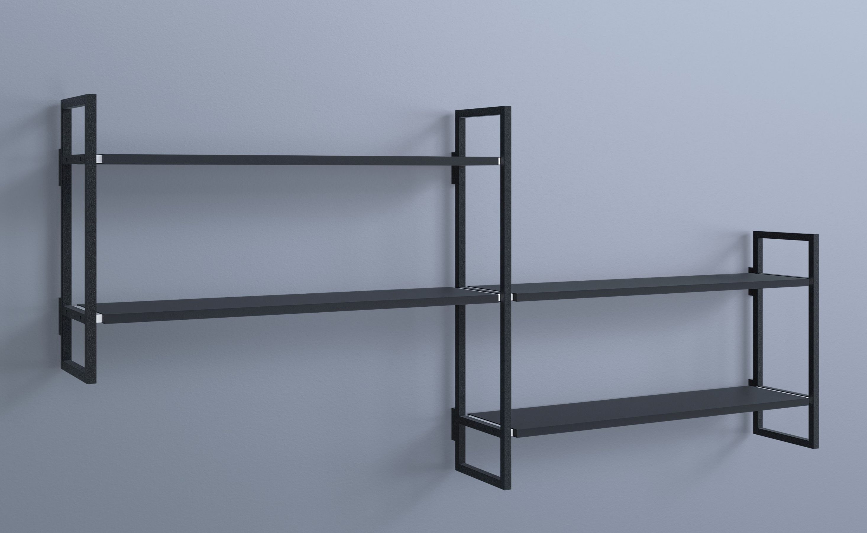 Schwarzes Wandregal Grundmodul F Oncono, modernes Regalsystem mit zwei Ebenen, minimalistisches Design für Wohnzimmer und Büro.