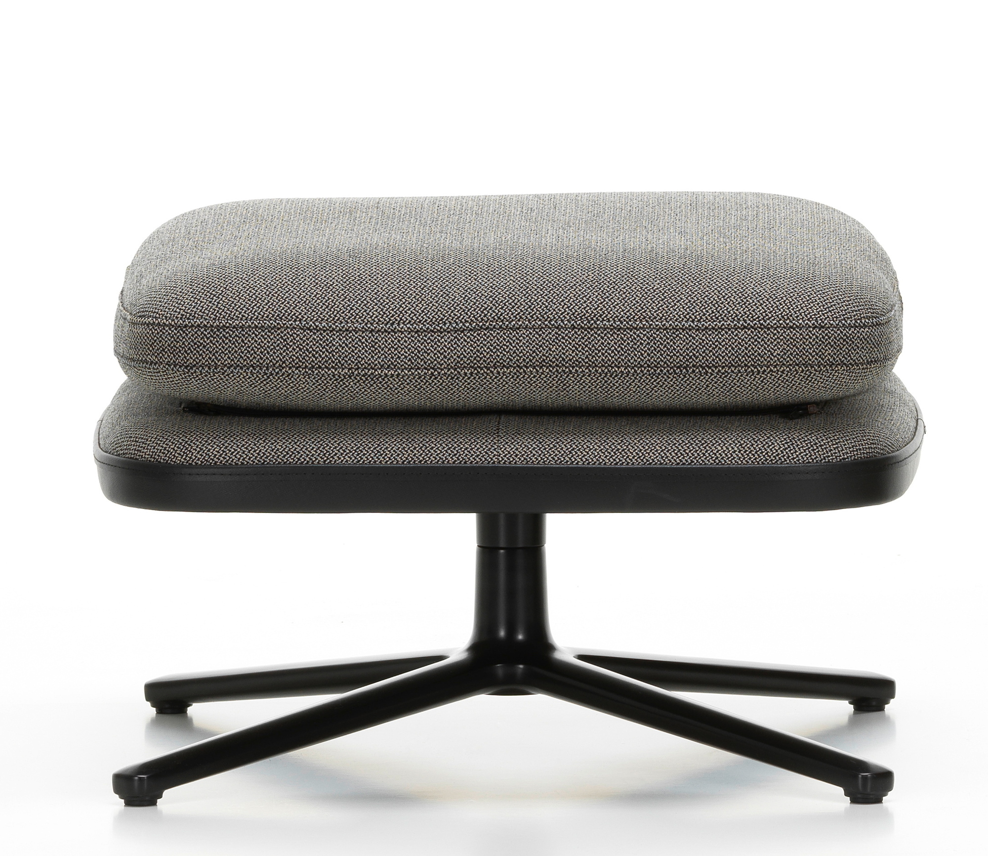 Grauer Vitra Ottoman mit Stoffbezug und schwarzem Fußkreuz. Fußhocker für Relaxsessel.