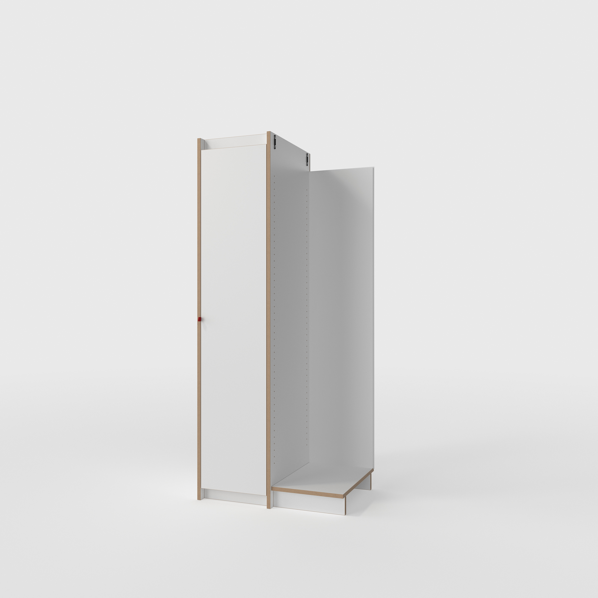 Tojo Steh Schrank Anbaumodul in Weiß und Holzoptik, offene Regalfächer und Schranktür.