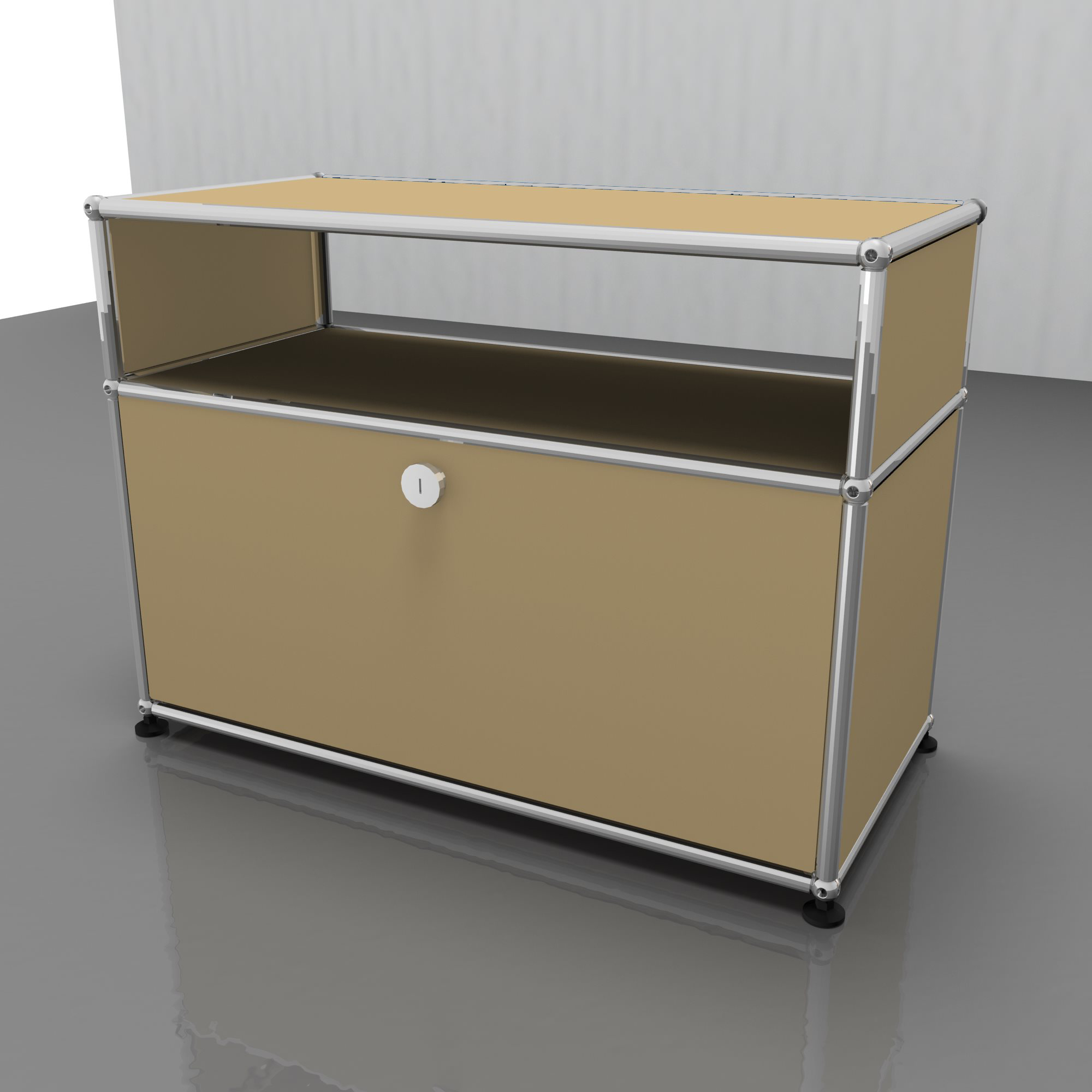 Beige USM Haller Möbel mit Schublade, stilvolles Designmöbel für Wohnzimmer und Büro, Stauraum und Ablage.