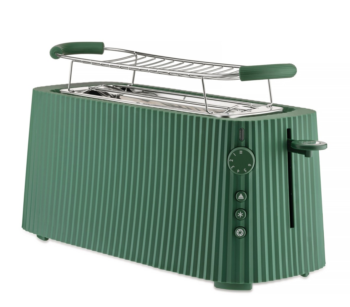 Grüner Alessi Plissé Toaster mit Rillenmuster und Brötchenaufsatz für knusprige Toasts und Brötchen.