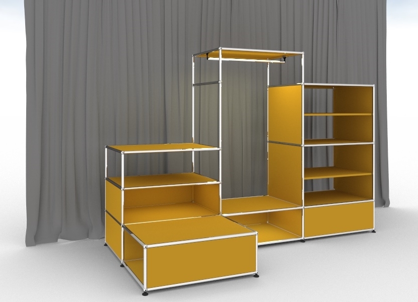Goldgelbe E Garderobe von USM Haller mit Regalen und Kleiderstange für moderne Flure.