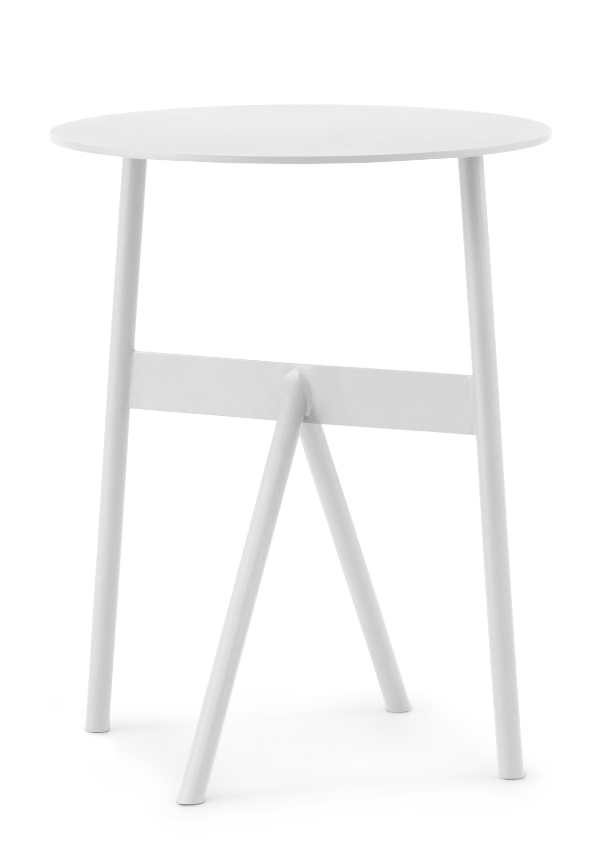 Weißer Stock Table Beistelltisch von Normann Copenhagen mit runder Tischplatte und drei Beinen.