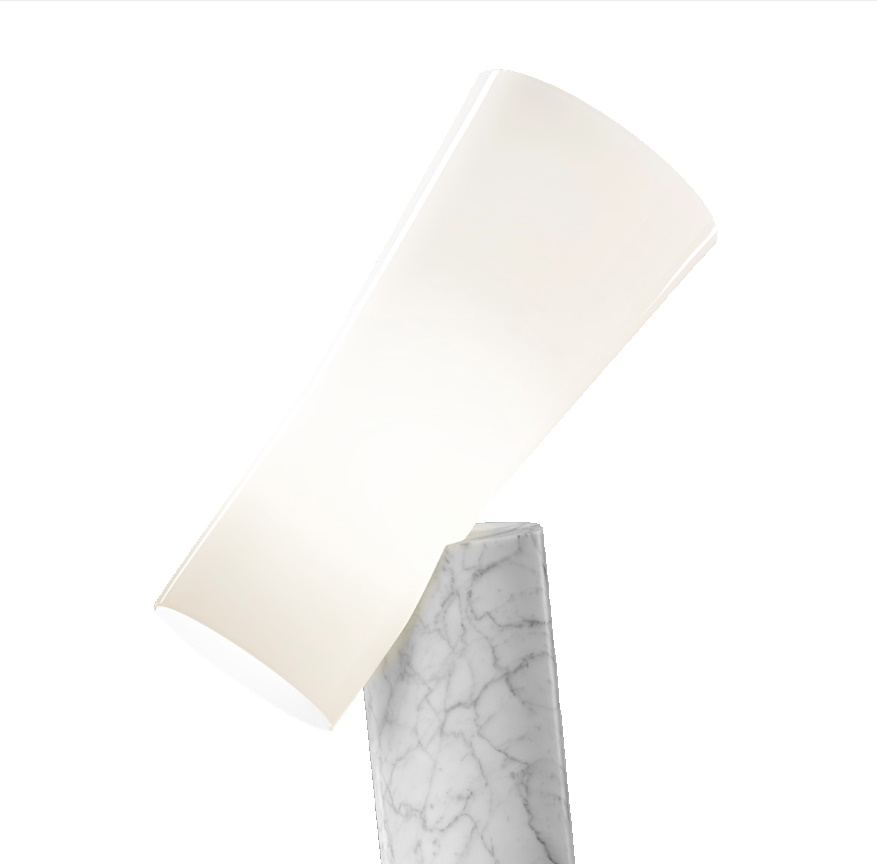 Nile Tischleuchte von Foscarini: Moderne Lampe mit weißem Schirm und Marmorfuß.