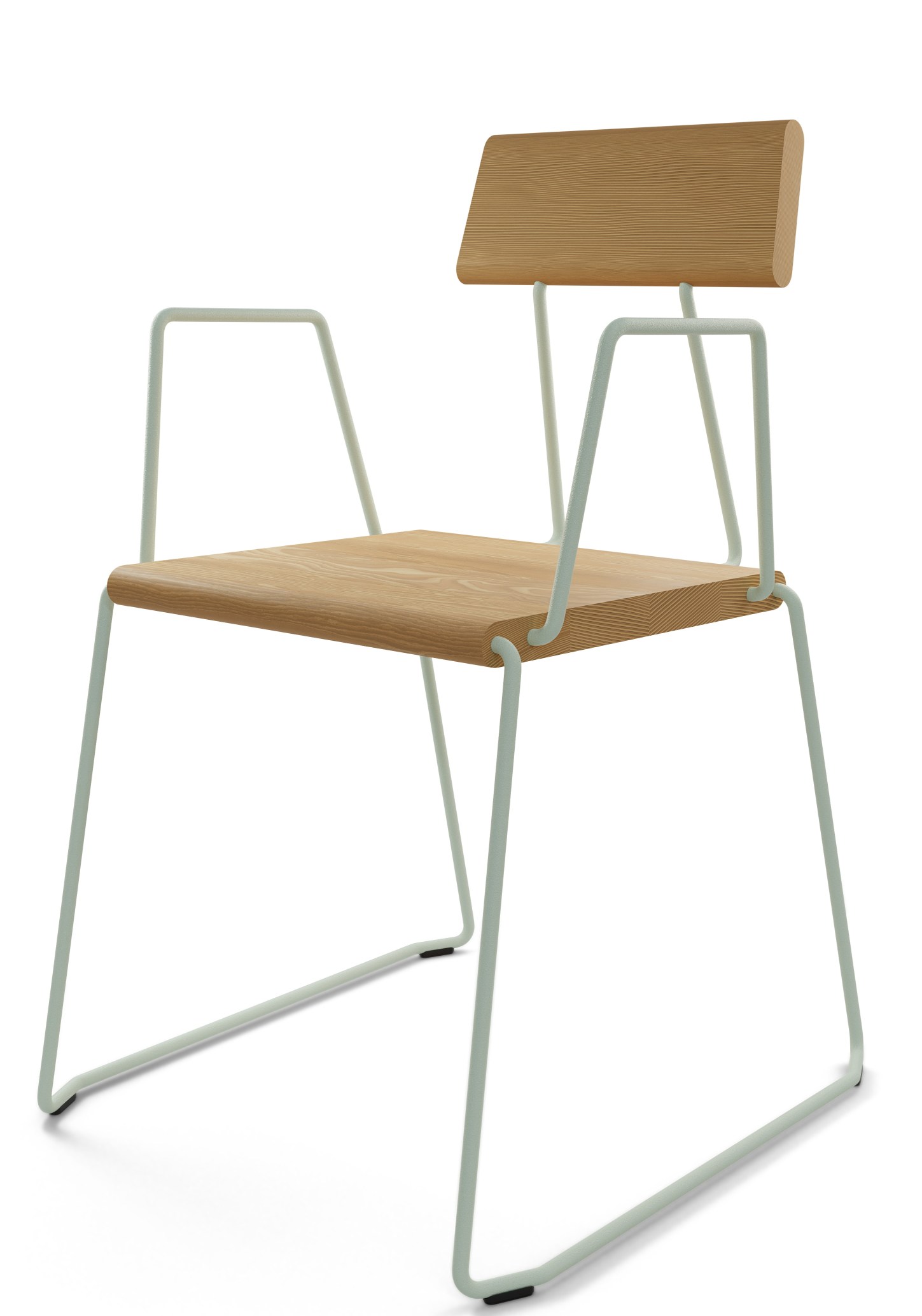 D:006 Stuhl von Fuchs & Habicht mit Armlehnen, Holz und mintfarbenem Metallgestell.