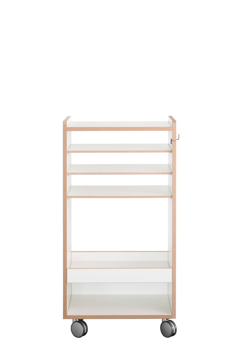 Tojo-fahrbar Rollwagen mit vier Regalböden und Rollen, ideal als Küchenwagen oder Badwagen.