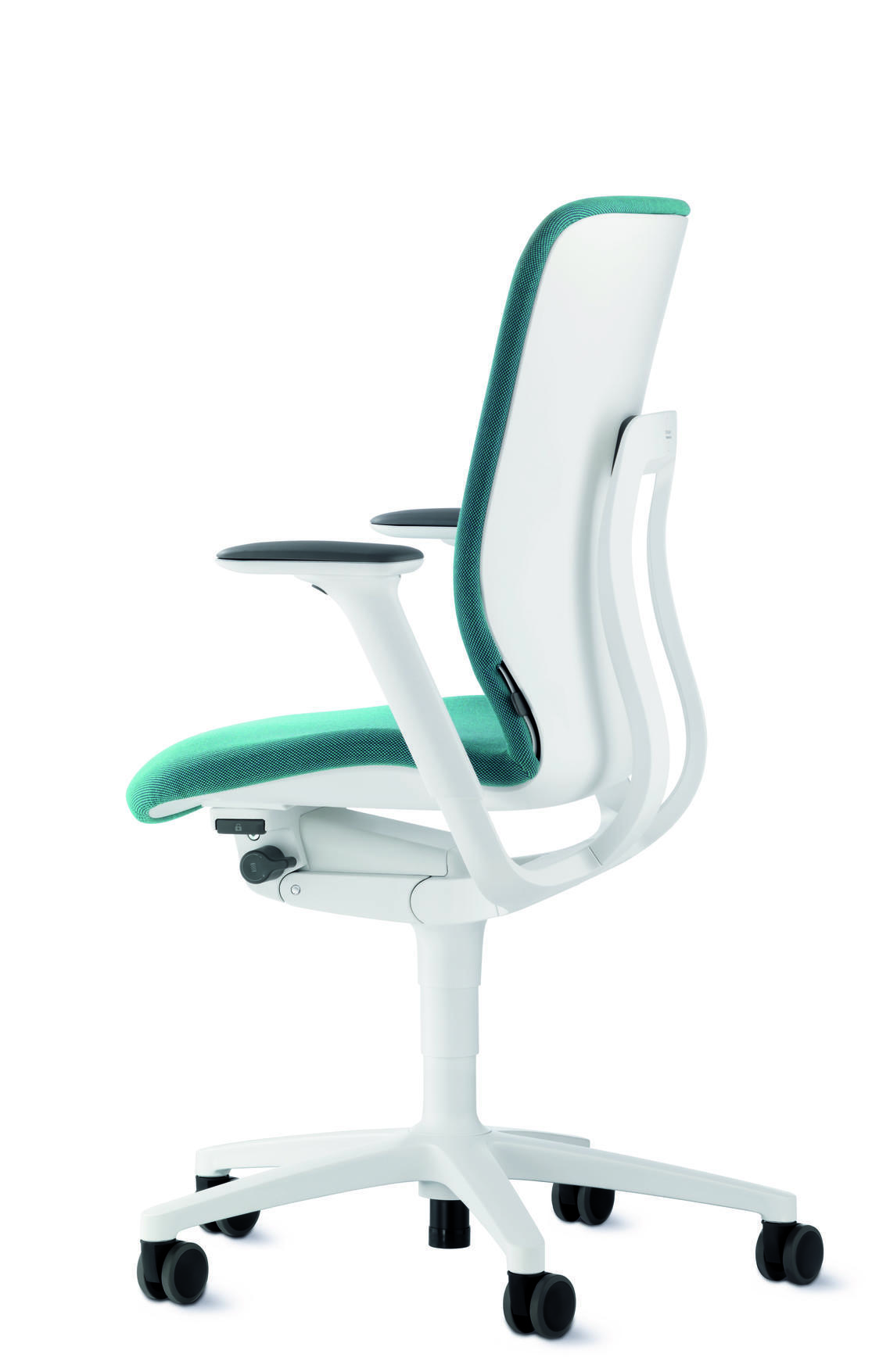 Drehstuhl AT von Wilkhahn, ergonomischer Bürostuhl mit weißem Rahmen und türkisfarbenem Sitzbezug, Seitenansicht.