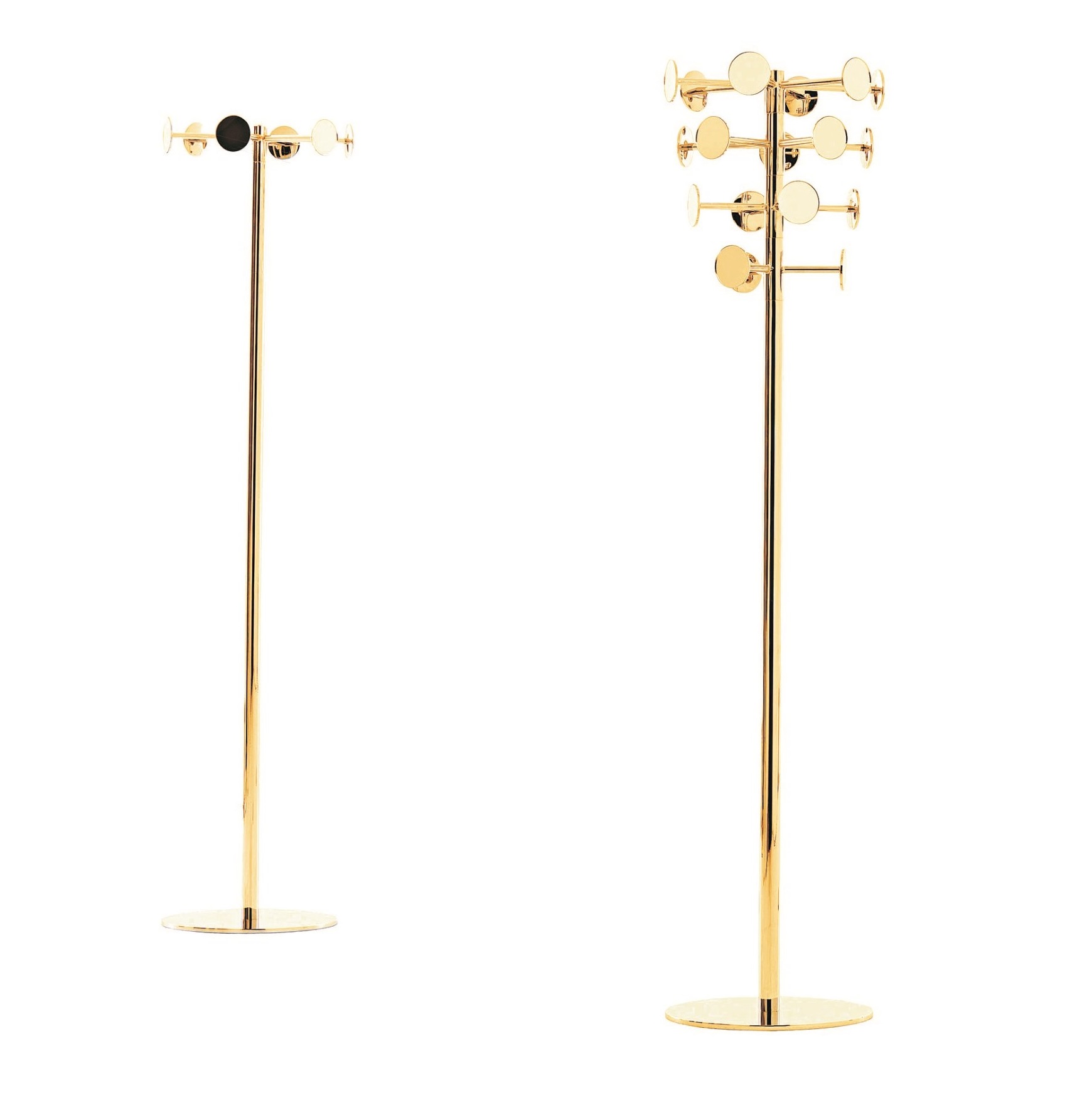 Zwei goldene Chaperon Kleiderständer von Opinion Ciatti mit runden Haken auf weißem Hintergrund.