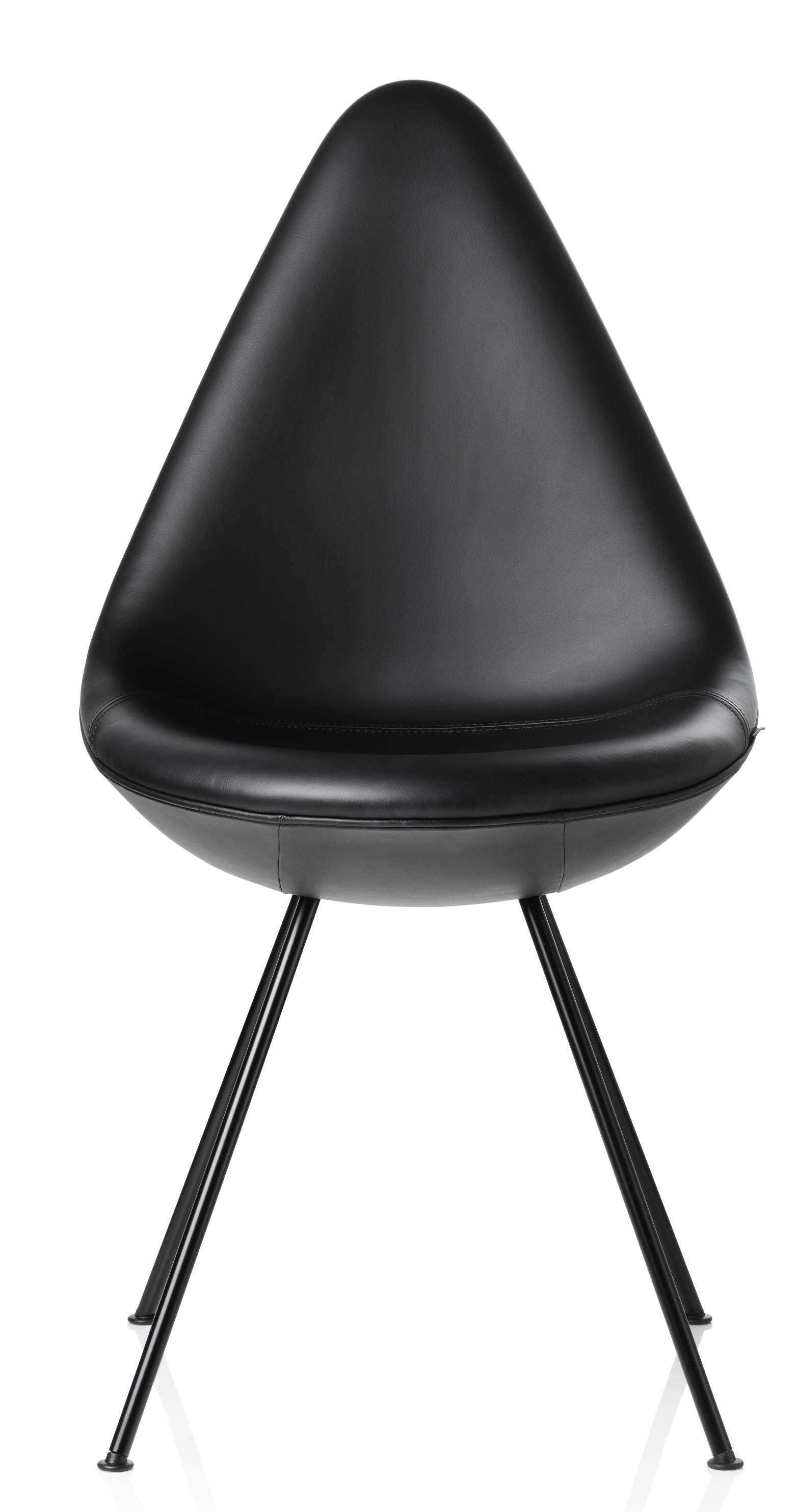 Schwarzer Drop Stuhl von Fritz Hansen mit Lederbezug und filigranem Stahlgestell. Designklassiker für modernes Wohnen.