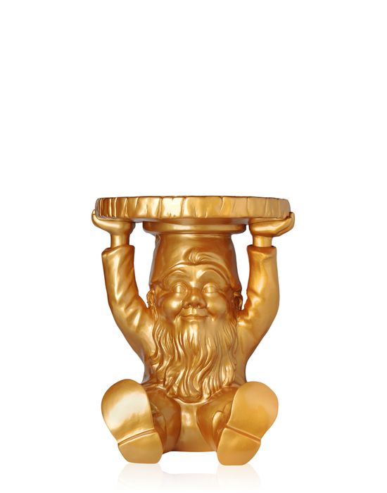 Goldener Gnom-Beistelltisch von Kartell: Dekorative Zwerg-Skulptur als Hocker oder Ablage, glänzende Gold-Edition.
