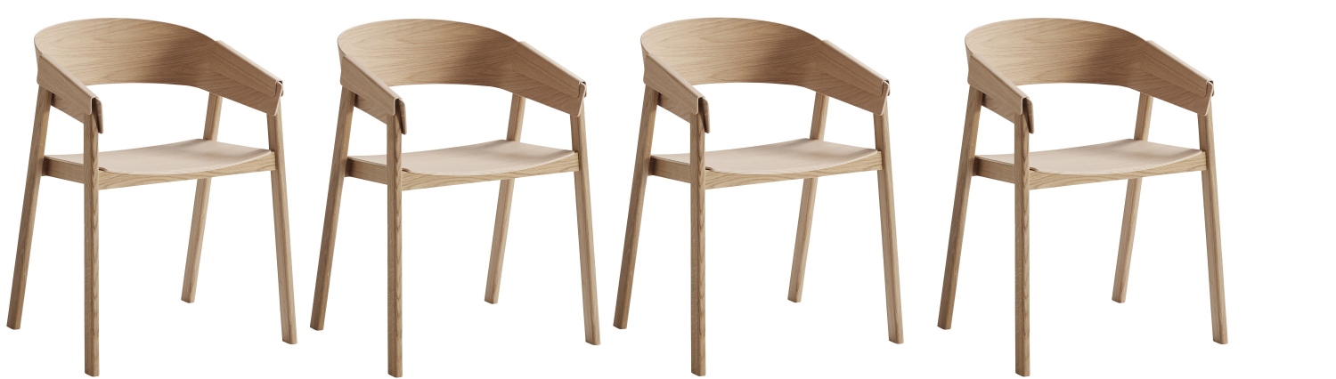 Bild von vier Muuto Cover Chairs aus Eiche, moderne Holzstühle im Set.