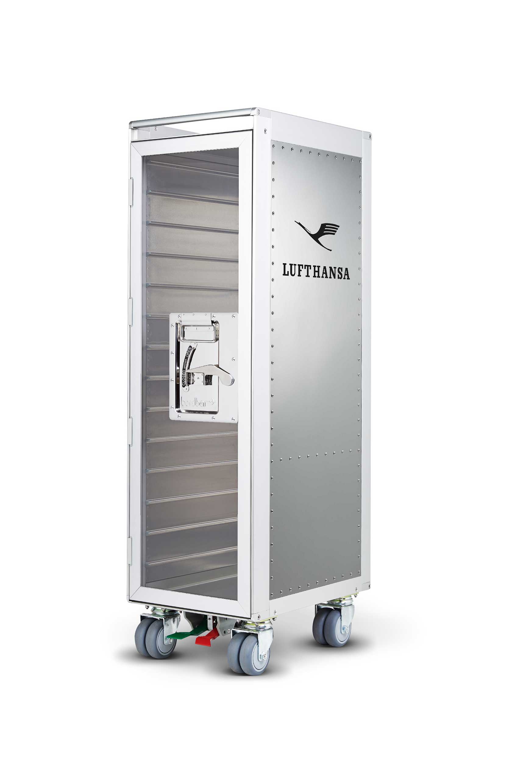 Rivet Rocker Lufthansa Flugzeugtrolley mit transparenter Tür, ideal als stilvolle Bordbar.