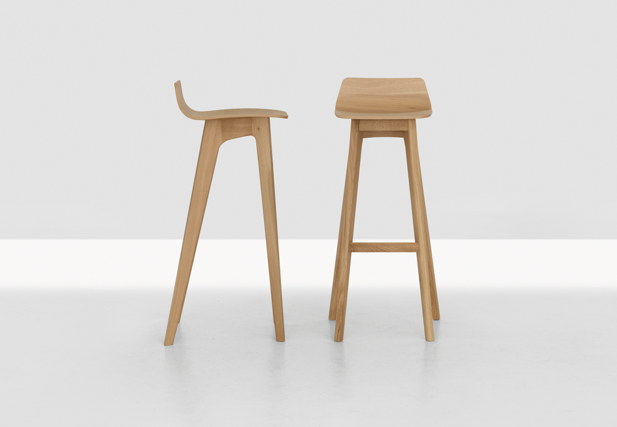 Zwei Morph Barhocker aus Eiche, Sitzhöhe 80 cm, modernes Design für Küche oder Bar.