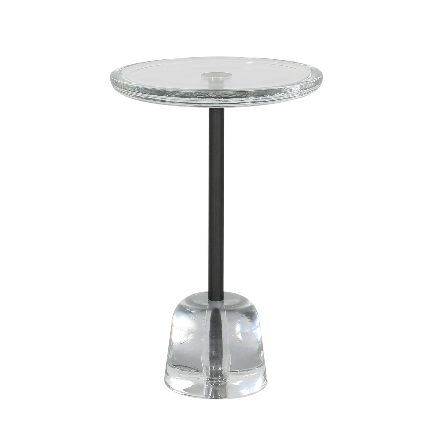 Pina High Beistelltisch von Pulpo: Transparente Glasplatte, schwarzer Stiel und Glasfuß. Moderner Akzenttisch.