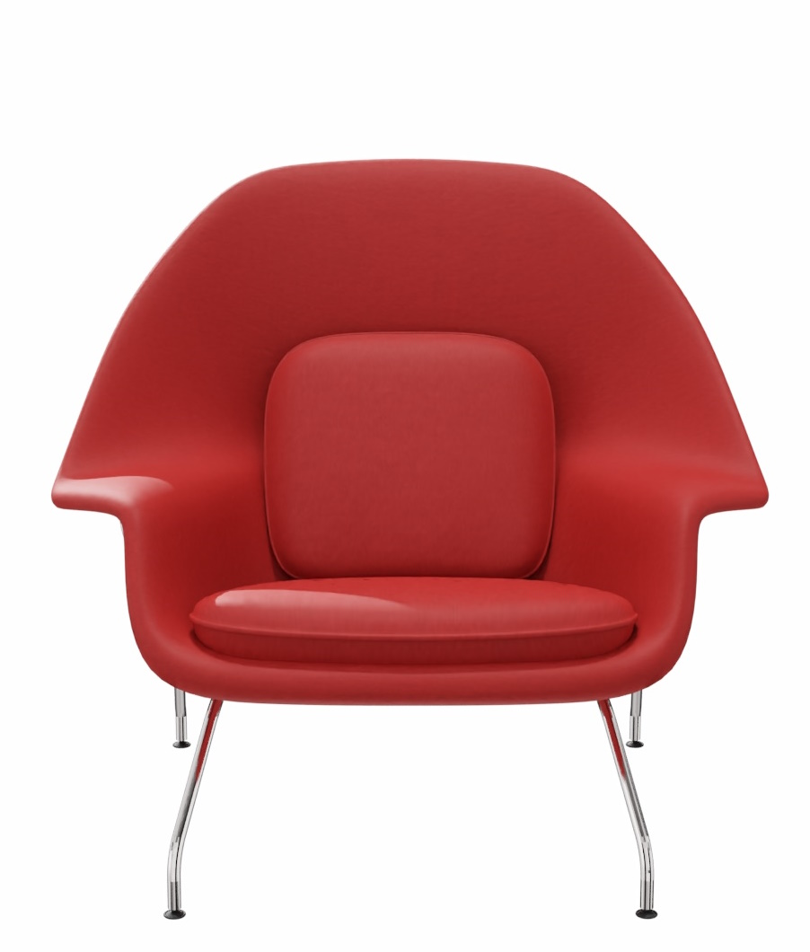 Roter Womb Chair Sessel von Knoll International mit Stahlbeinen, Frontansicht.