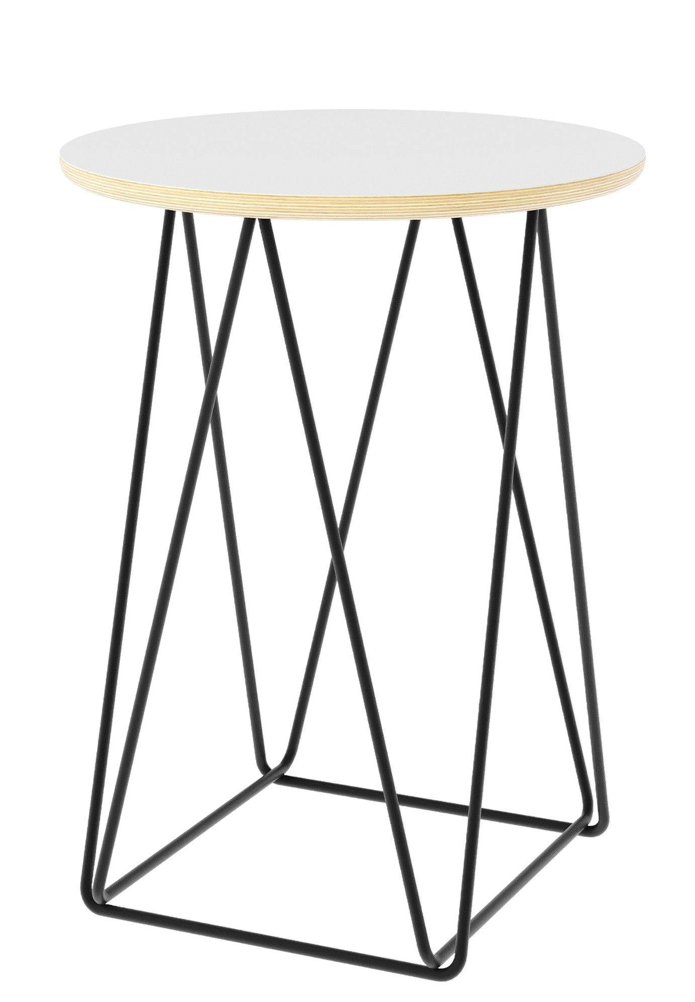 Luna Beistelltisch von Müller Möbelwerkstätten mit runder, weißer Tischplatte und schwarzem Drahtgestell.