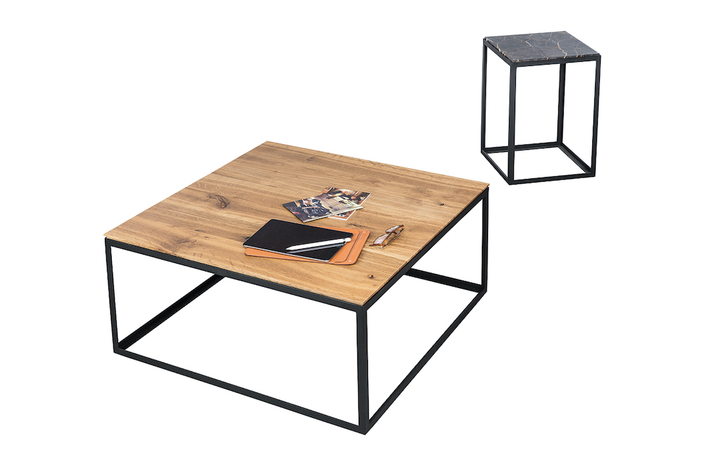 Janua SC 54 Beistelltisch mit Rosso Lepanto Marmor und Couchtisch mit Holzplatte, tiefschwarzes Gestell.