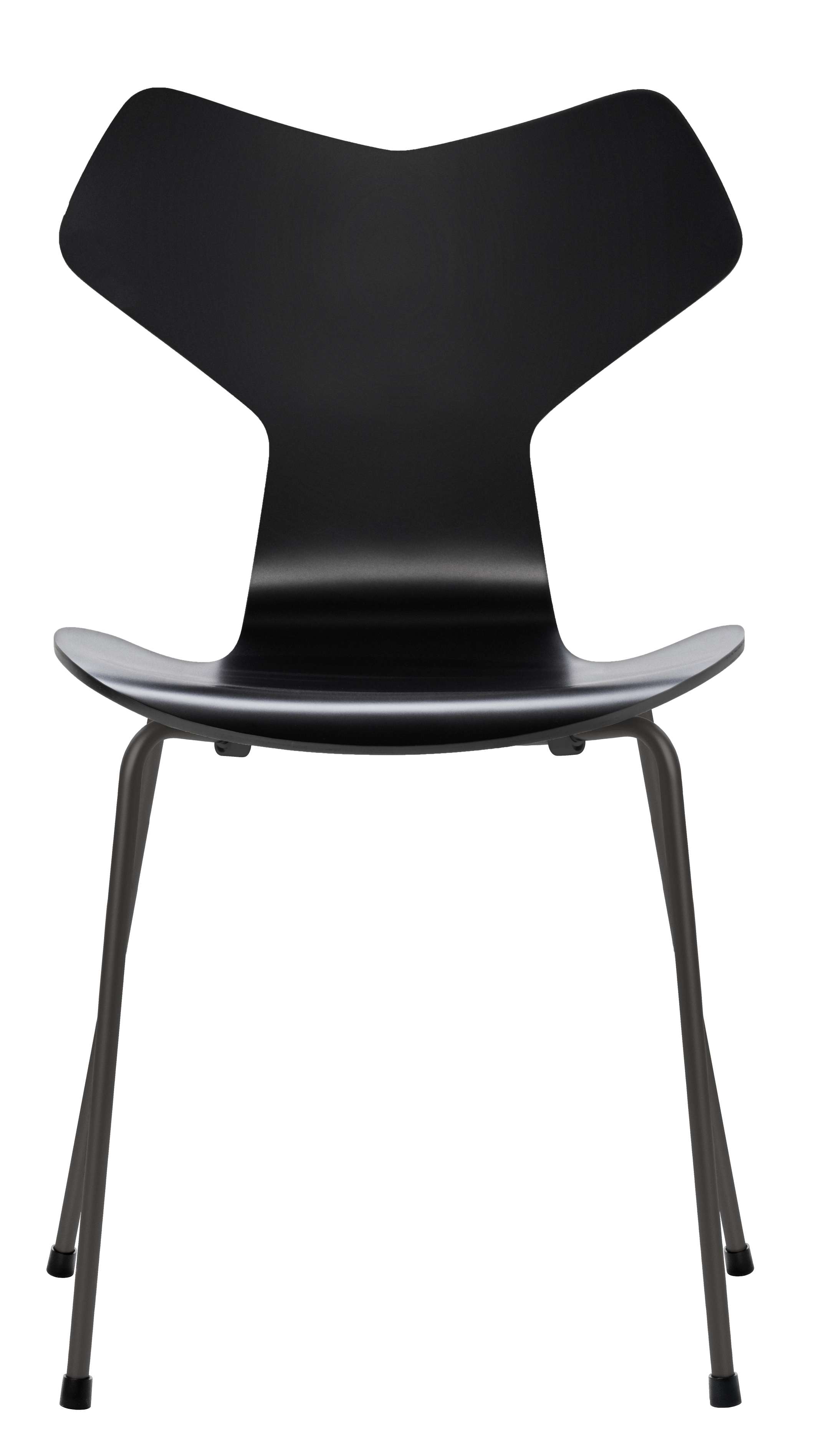 Schwarzer Grand Prix Stuhl von Fritz Hansen, Designklassiker mit eleganten, geschwungenen Formen und Metallbeinen.