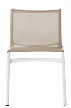 Frame Stuhl mit weißem Gestell und beigem Netzgewebe, moderner Design Stuhl für Esszimmer.