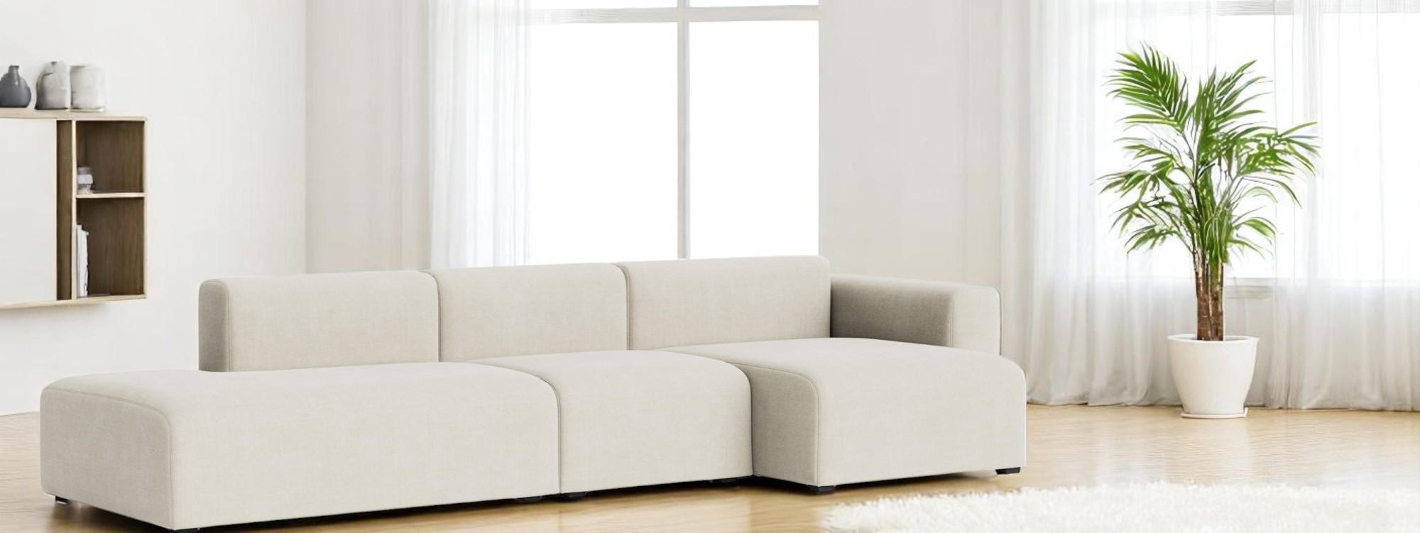 Beige Mags Sofa 3-Sitzer mit Armlehne rechts, Stoff Overlap 03. Modernes Wohnzimmer Sofa.
