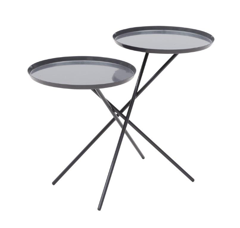 Grauer Monday Beistelltisch mit zwei runden Ablageflächen und filigranem, schwarzem Metallgestell. Moderner Couchtisch für Wohnzimmer.