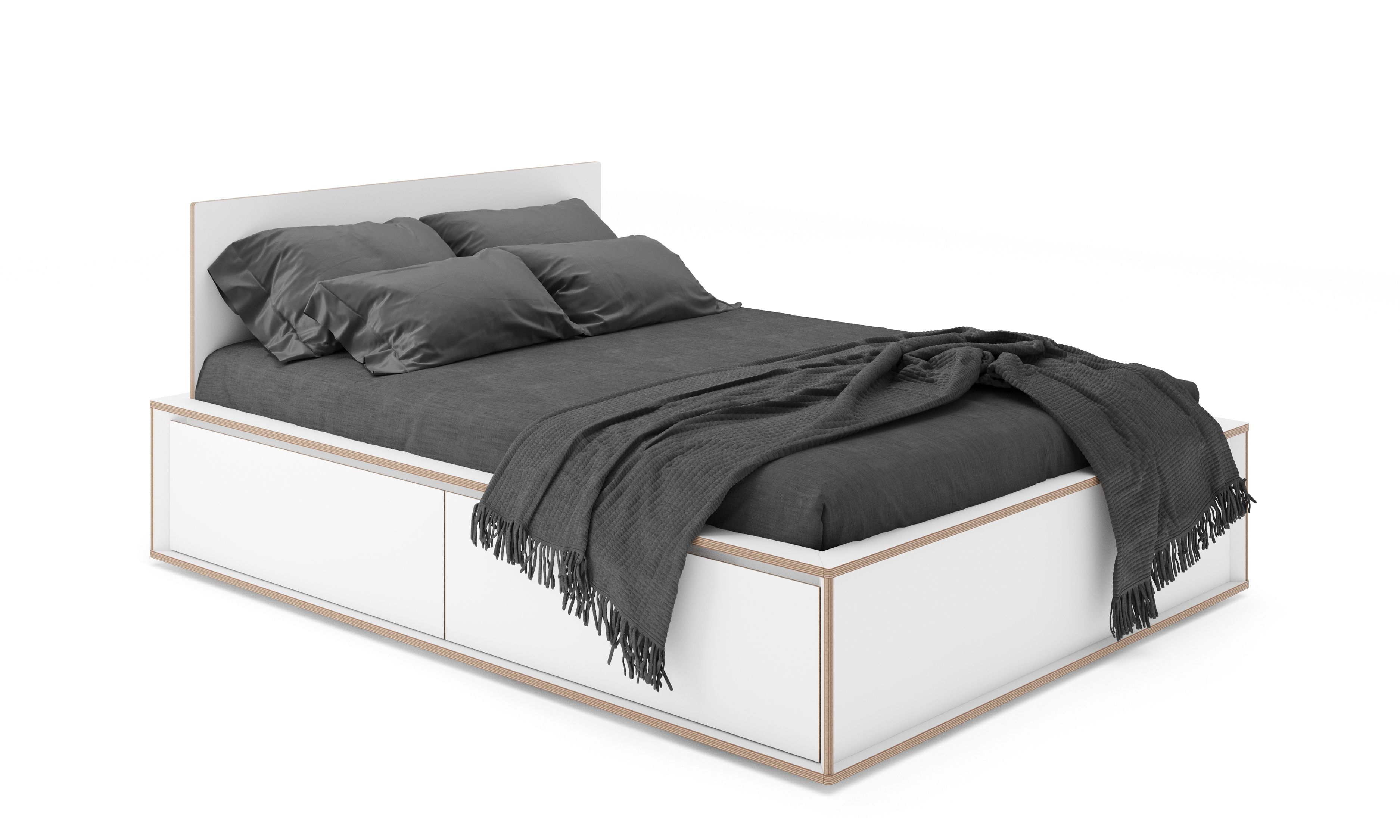 Spaze Bett von Müller Möbelwerkstätten mit Schubladen, grauer Bettwäsche und Decke.