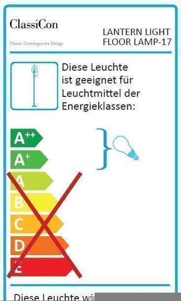 Energieeffizienzlabel für ClassiCon Lantern Light Stehleuchte. Geeignet für Leuchtmittel der Energieklassen A++ bis A+.